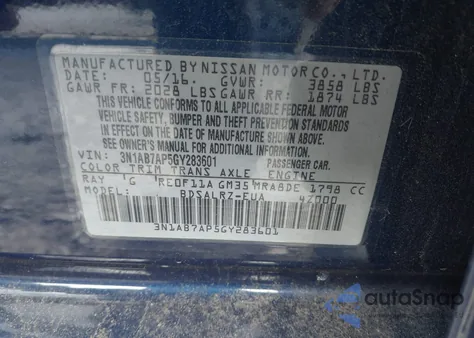 2016 Nissan Sentra Sr z USA, uszkodzony, nr VIN 3N1AB7AP5GY283601